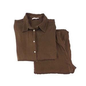 ASCENO 100% Silk Long Sleeve Button Down Wide Leg Pant Co-Ord Matching Set Brown